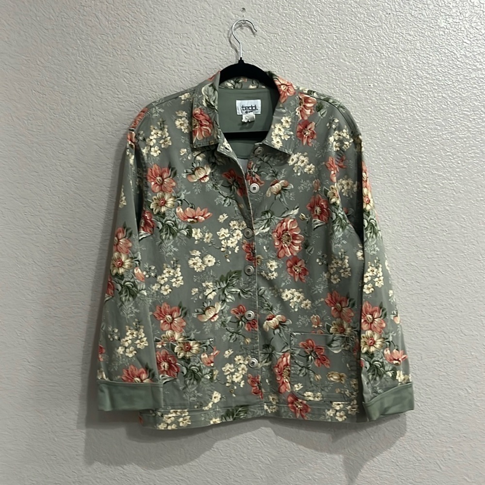 Teddi Womens Stretch Denim Jacket Blazer Sz Medium Floral Print TC0673